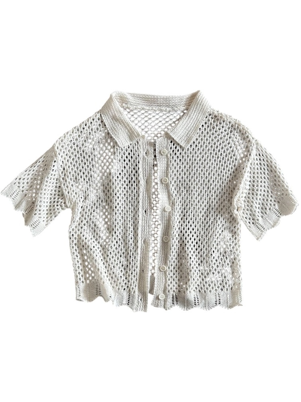 Open Knit White Crochet Short Sleeve Cardigan Button Up